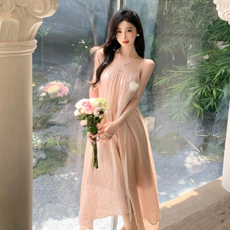 

2023 New Women Draped Beach Sundress Summer Elegant Lolita Chic Loose Pink Party Slip Clothing Y2K Runway Vacation Long Dress