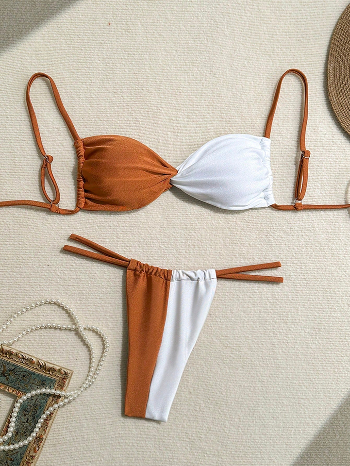 2025 European and American swimsuit ladies swimwear fashion new splicing sexy fresh solid color bikini