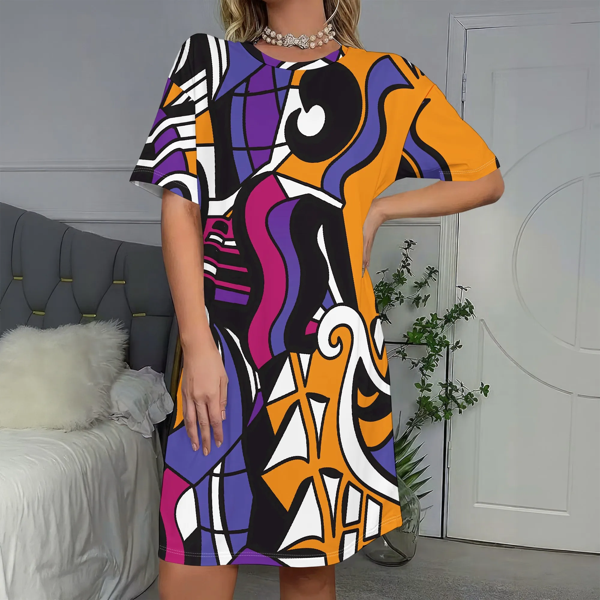 Kleid mit abstraktem Kunstdruck, farbenfrohes Kurzarm-Minikleid, lebhaftes geometrisches Muster, lässiges Sommeroutfit für Damen, S-2XL