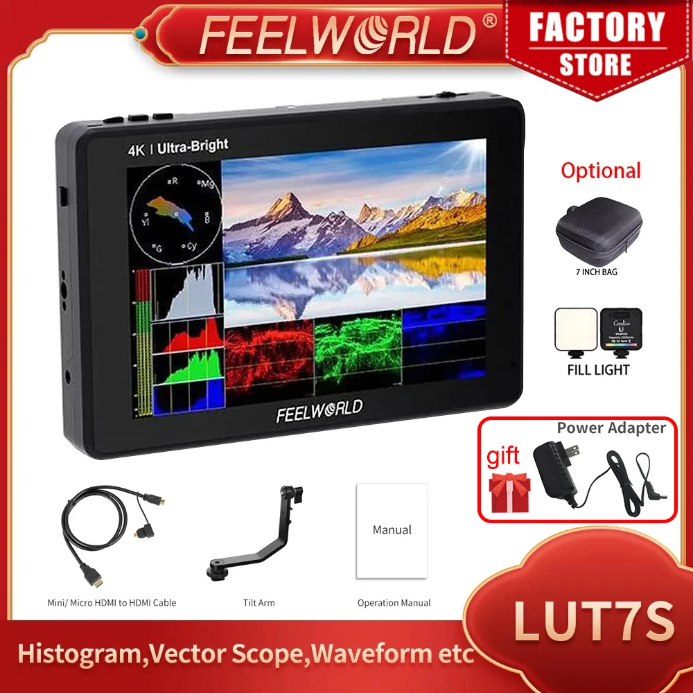 

FEELWORLD LUT7S 7 inch 2200nits 3G SDI 4K HDMI Touch Screen 3D LUT Field Monitor Full HD 1920x1200 IPS Monitor for DSLR Cameras