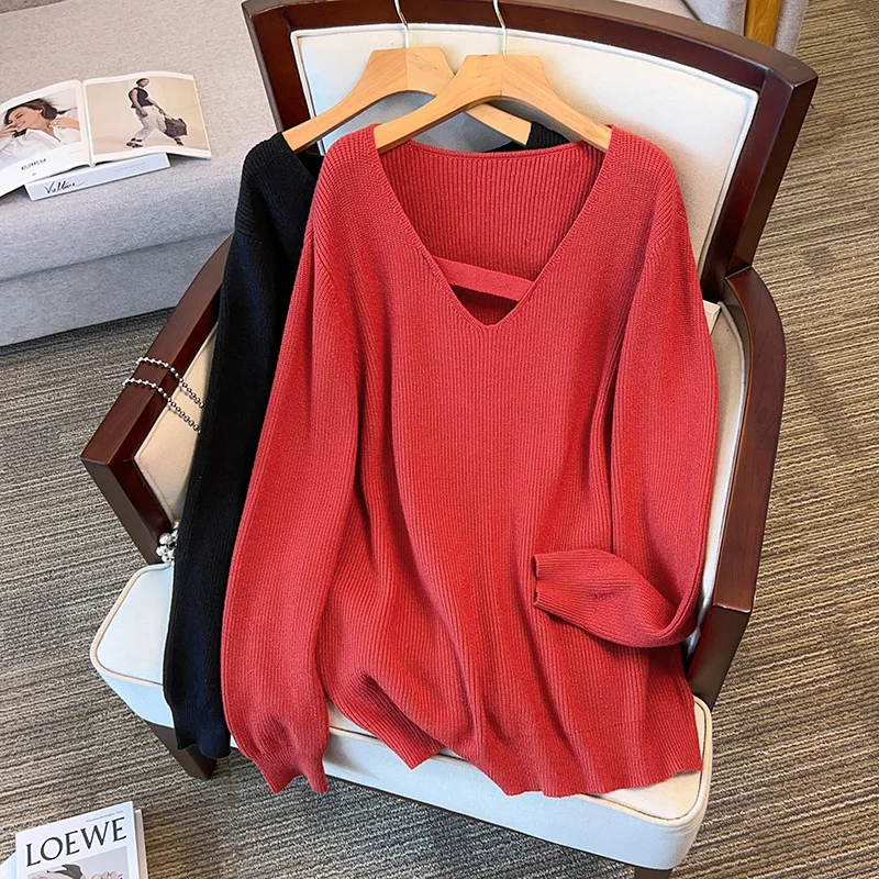 

170Kg Plus Size Women's Bust 160 Autumn Loose Pullover Thickened V-Neck Sweater Knit Black Red 5XL 6XL 7XL 8XL 9XL10XL