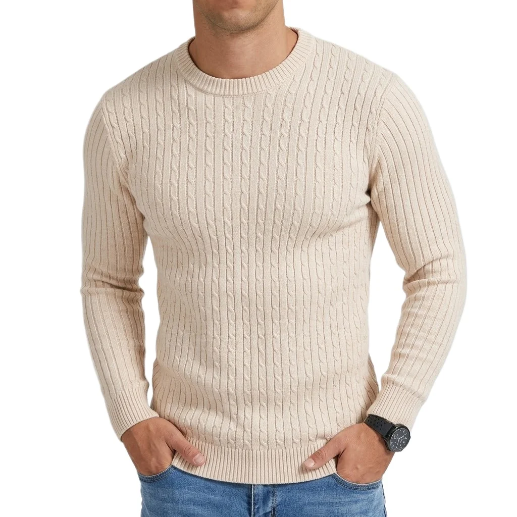 Neuer Langarm-Rundhalspullover für Herren Luxuriöser Strickpullover mit Zopfmuster Lässiger Strickpullover für Arbeit Frühling Herbst Herrenmäntel – Detail 5