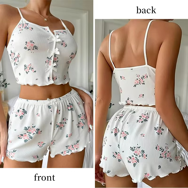 Y2K Cute Floral Print Ribbed Pajama Set Womens Cami Crop Top Shorts Two Piece Sleepwear Loungewear Set Lettuce Trim Bow Button