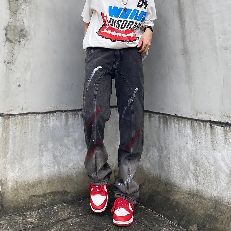 2022 Splash Ink Star Embroidery Vintage Grey Baggy Men Jeans Pants Straight Loose Hip Hop Women Denim Trousers Pantalones Hombre