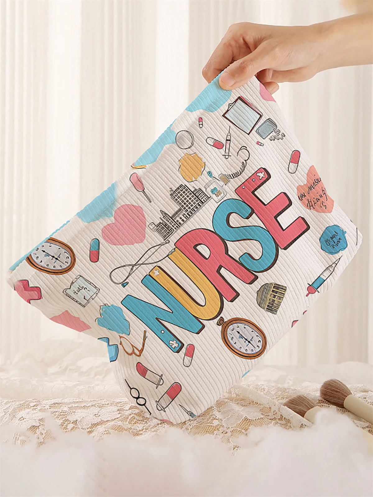 1 medical supplies patterned corduroy zipper makeup bag, lightweight and multifunctional makeup storage bag