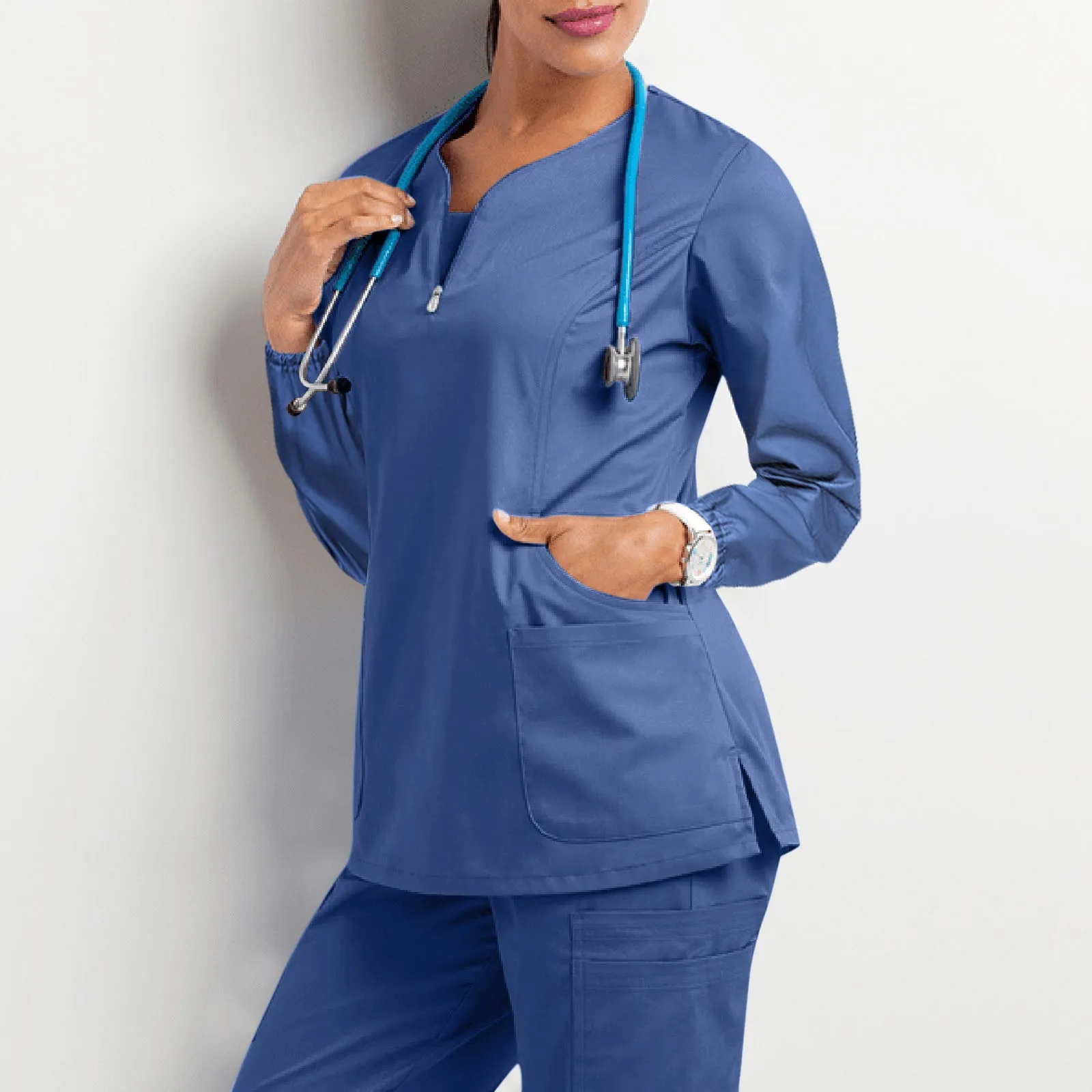 Nurse Scrubs Tops Women'S Healthcare Solid Workers Long Sleeve Blouses Hospital Pocket Uniform Nurseing Overalls Pharmacist Top