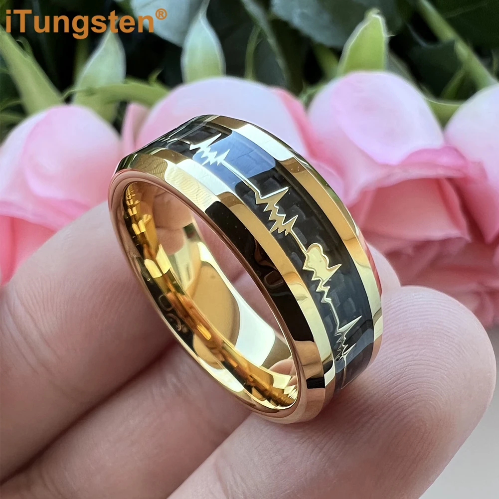iTungsten 8mm Beautiful Heartbeat Ring Men Women Tungsten Wedding Band Fashion Jewelry Black Carbon Fiber Inlay Free Shipping