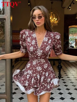 TTQV Summer Slim Print Women's Dress 2026 Sexy V-Neck Short Sleeve Mini Dresses Elegant Classic Pleated Female Dress Streetwear 1