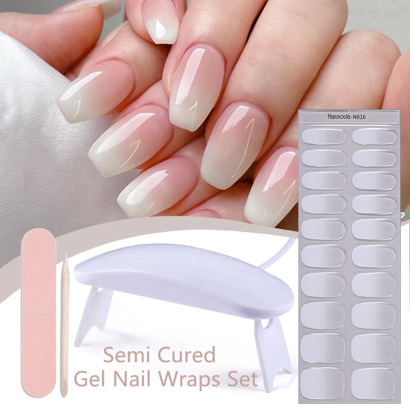 Harunouta Gradient Jelly Semi Cured Gel Nail Strips Nail Lamp Nude Pink Waterproof Stickers Long Lasting Wrap 4pcs/set nail stickers nail decals