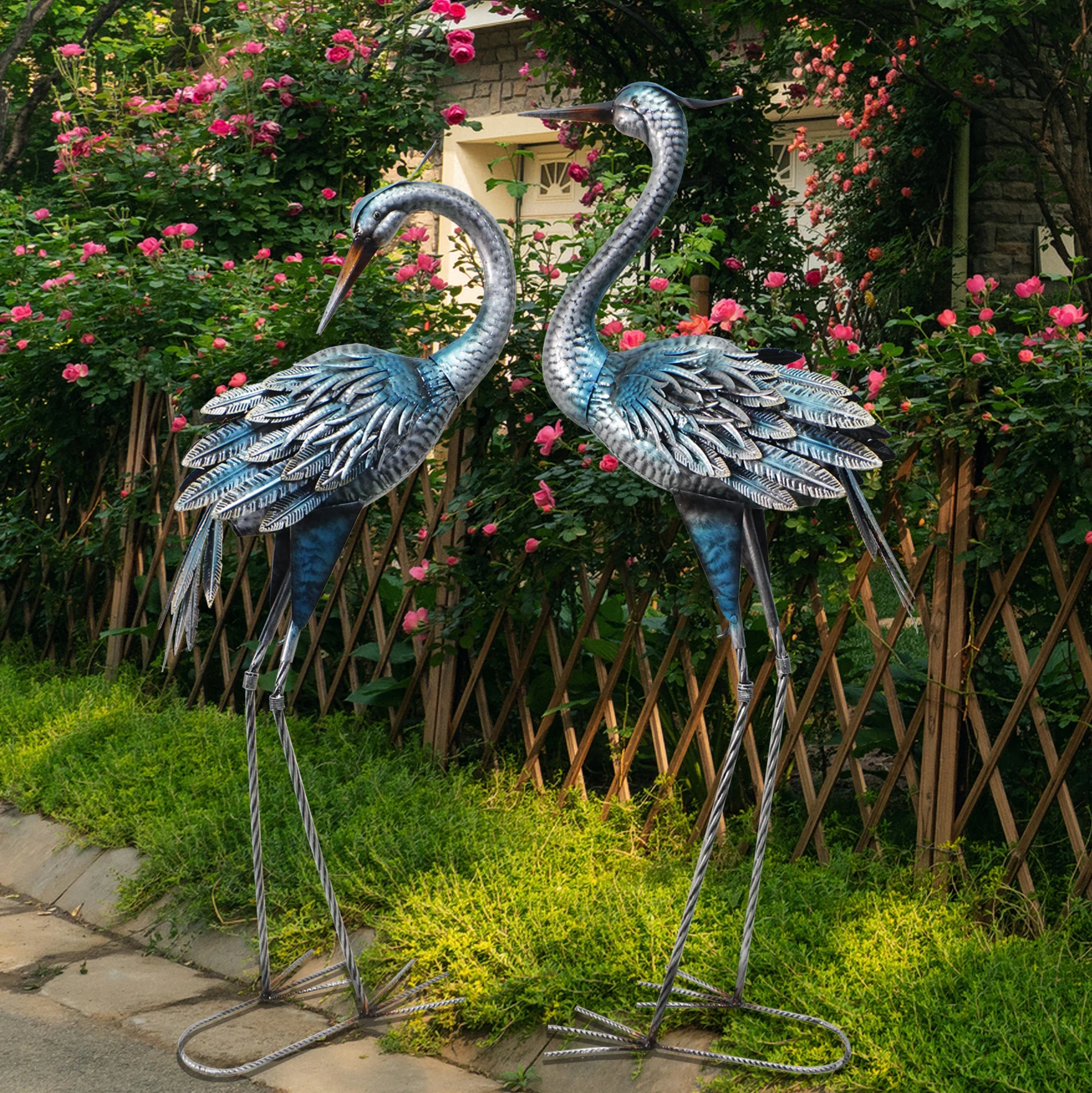 Rustic Metal Garden Crane Statues 3