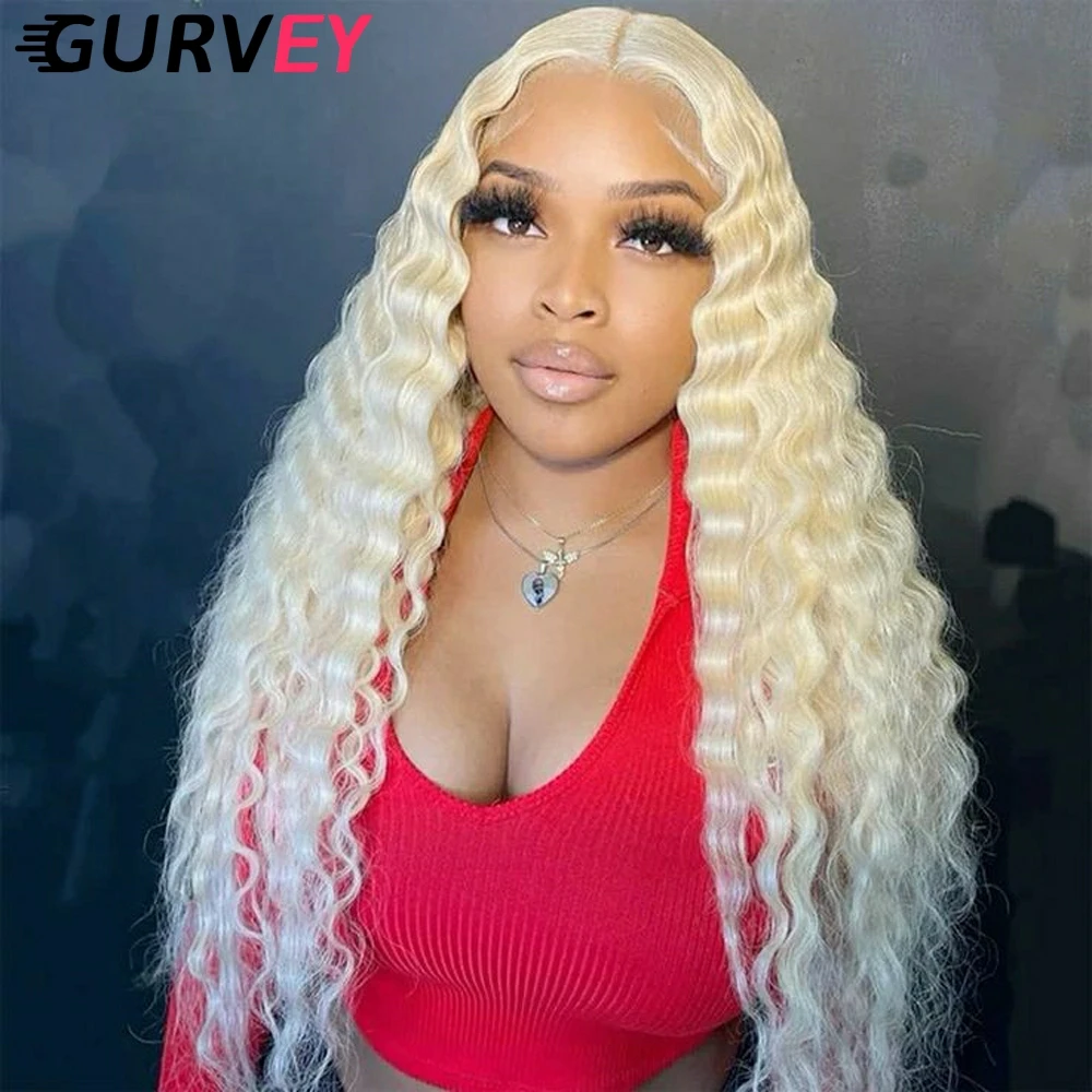 

GURVEY Transparent Lace Frontal Wigs 613 Honey Blonde Deep Wave Lace Front Wig Remy 13X4 Curly Colored Human Hair Wig For Women