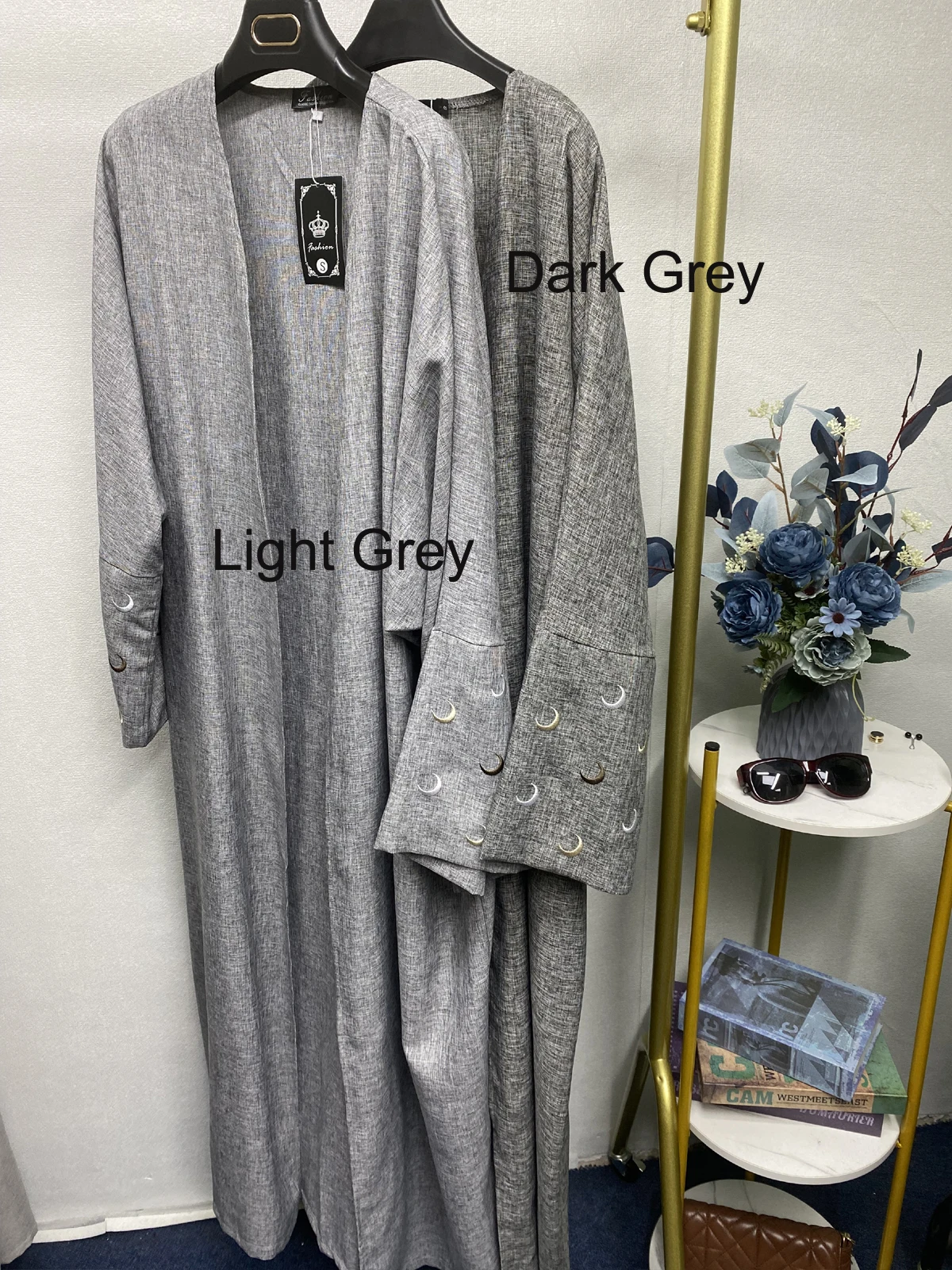 Moon Embroidery Abaya with Loose Bat Sleeves Ramadan for Women 2024 Linen Kimono Open Robe Heart Design Islamic Women‘s Clothing