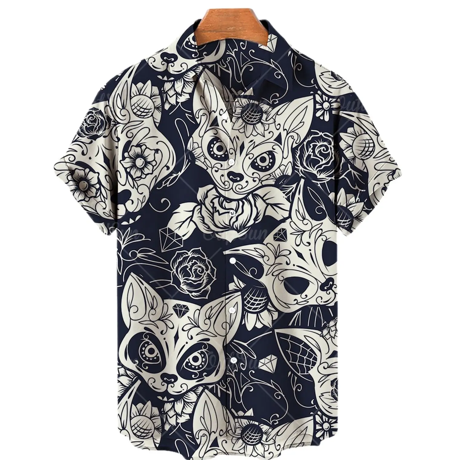 Hawaiian Short Sleeve Men's Shirt, Casual Shirt With Cute Cat Print, Lapel, V-neck, Beach, Summer, 5xl, 2024 2
