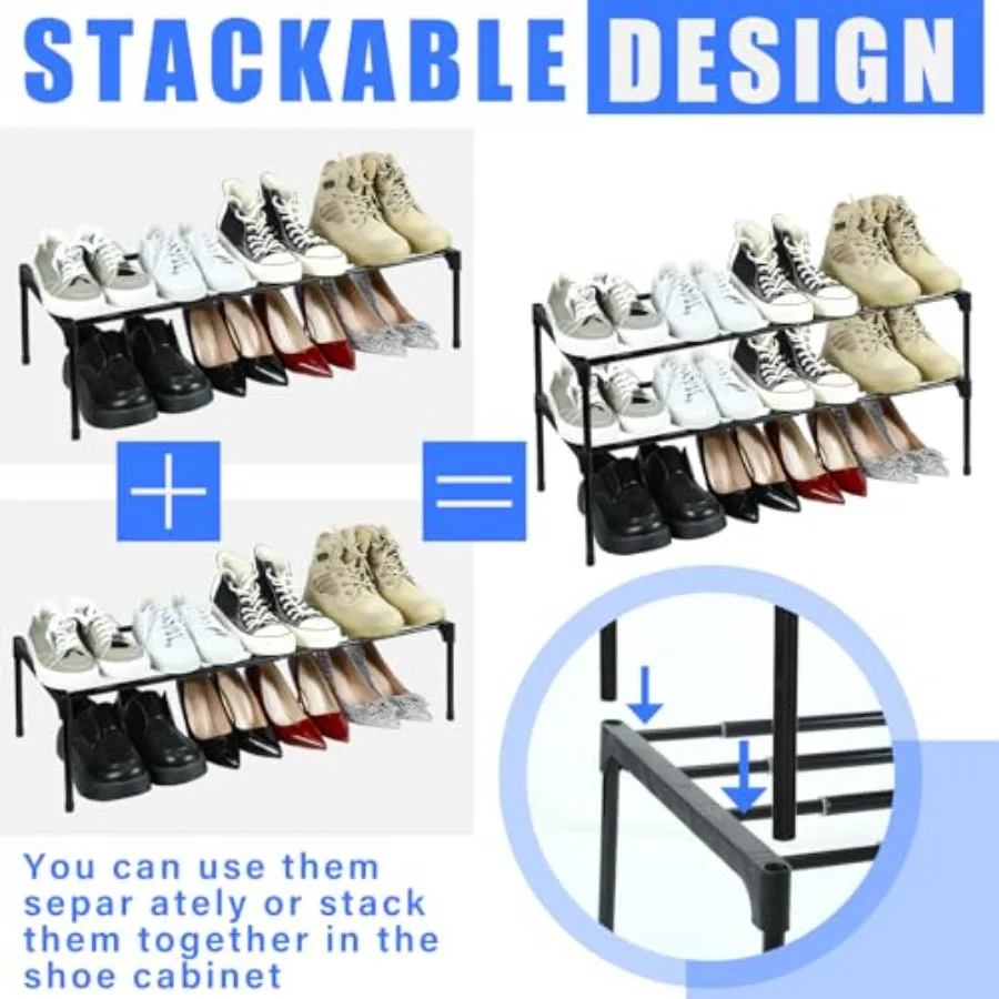 2 Pcs Expandable Shoe Rack 16 ''30 '' Adjustable Shoe Shelf Metal 1 Tier Rack Black Stackable Organizer for Cabinet Entryway Cl