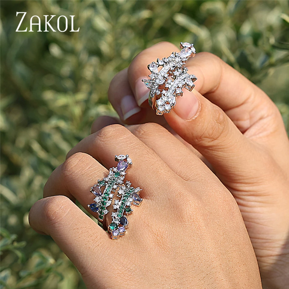 ZAKOL Luxury Mutilcolor Cubic Zirconia Engagement Rings for Women Shinny Green Crystal Banquet Ring INS Style Party Jewelry