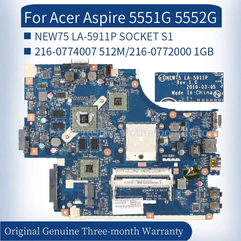 Testado Motherboard Laptop para Acer Aspire La5911p 5551g 5552g Laptop Mainboard 2160774007 216-0772000 Socket s1 Ddr3 Novo