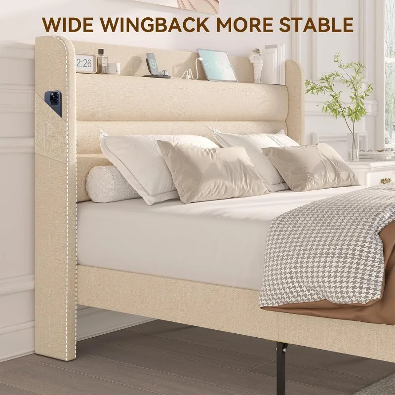 NEW Queen Bed Frame with Charging Station, Type-C & USB Ports and LED Light, Linen Upholstered Bed Frame Queen Size  Beige 6