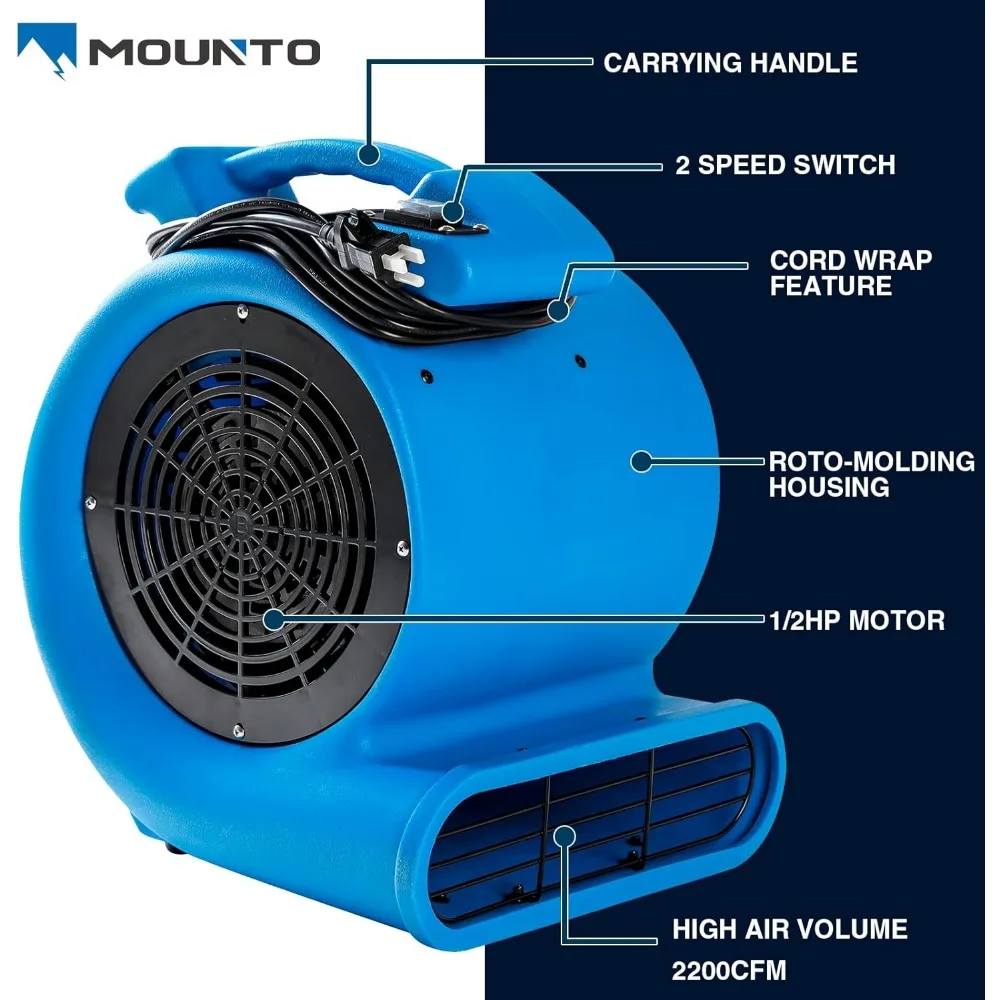 1/2hp Air Mover Floor Drying Blower Fan - Powerful 1/2HP Motor Carpet Dryer, 2200 CFM Air Flow, Lightweight Design, 2-Speed 4