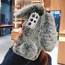 Soft Plush Furry Rabbit Bunny Warm Fur Phone Case Cover for Samsung S21plus (GRAY)