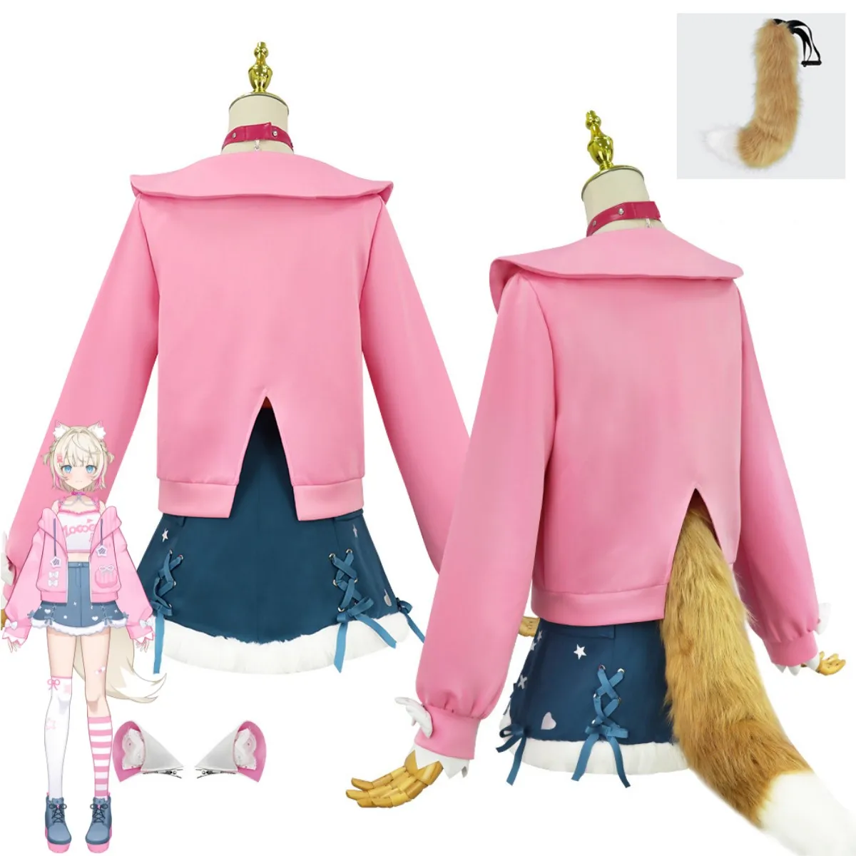 Women's Pink Hoodie Skirt Set with Wig