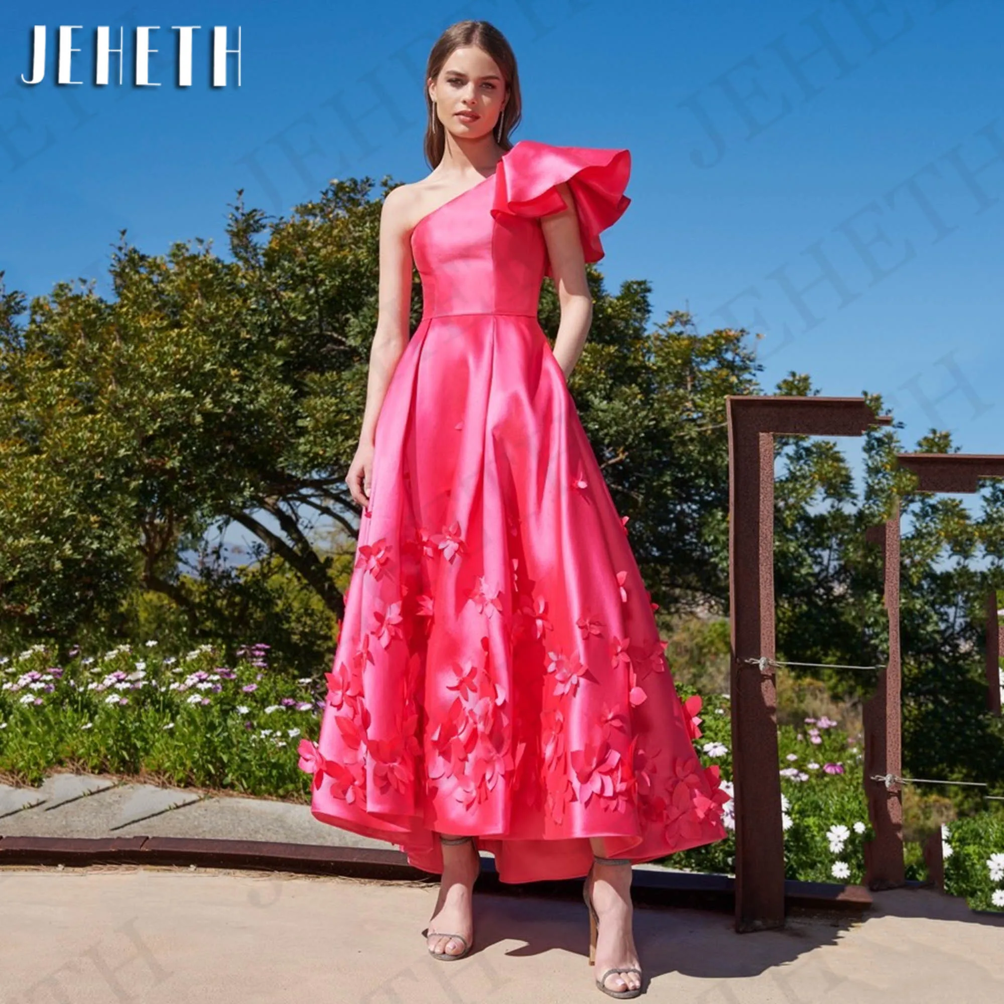 

JEHETH Fuchsia One Shoulder Prom Dresses For Women 3D Flowers Satin A Line Formal Party Dress High Low vestido de formatura