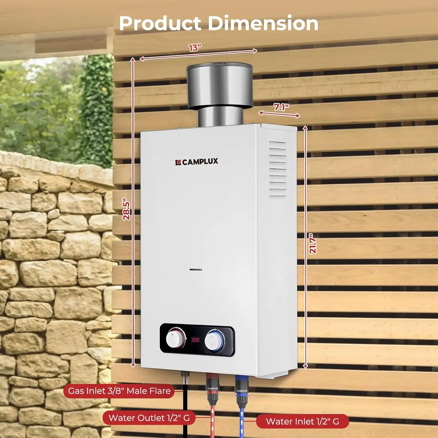 Tankless Water Heater 2.64 GPM Outdoor Propane Water Heater with 4.33" S/S Rain Cap for Propane Shower Camping Trip