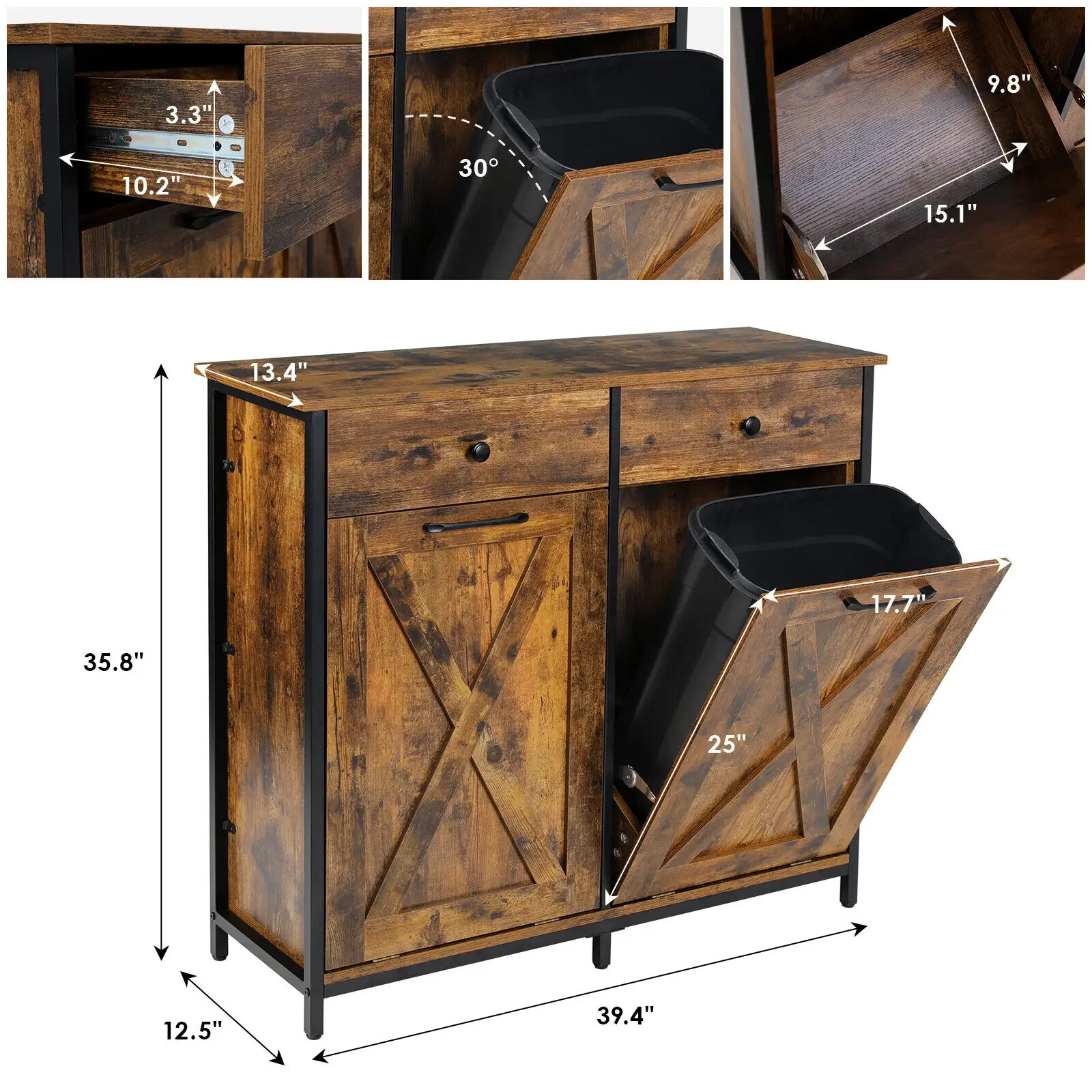 Dual Kitchen Trash Cabinet, 2 x 10 Gallon Double Tilt Out Trash Can Cabinet with Countertop and Drawer, Free-Standing Pet Proof