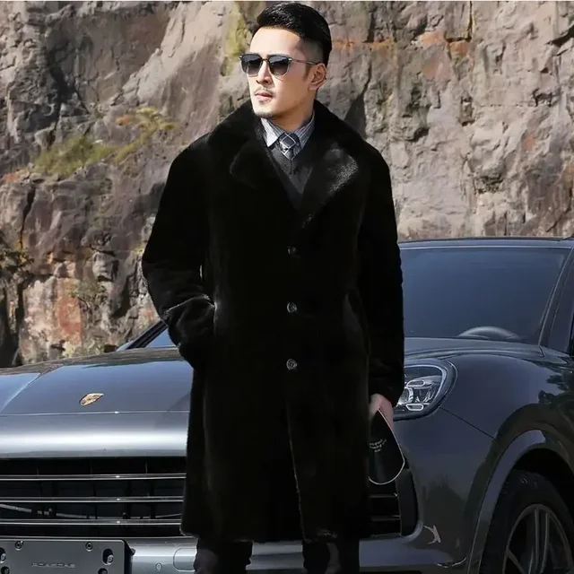 Mink Mink Coat Men's Autumn and Winter New Thick Mid-Length Padded Fur Parkas Large Size Men's High-end Casual Button Jacket 5