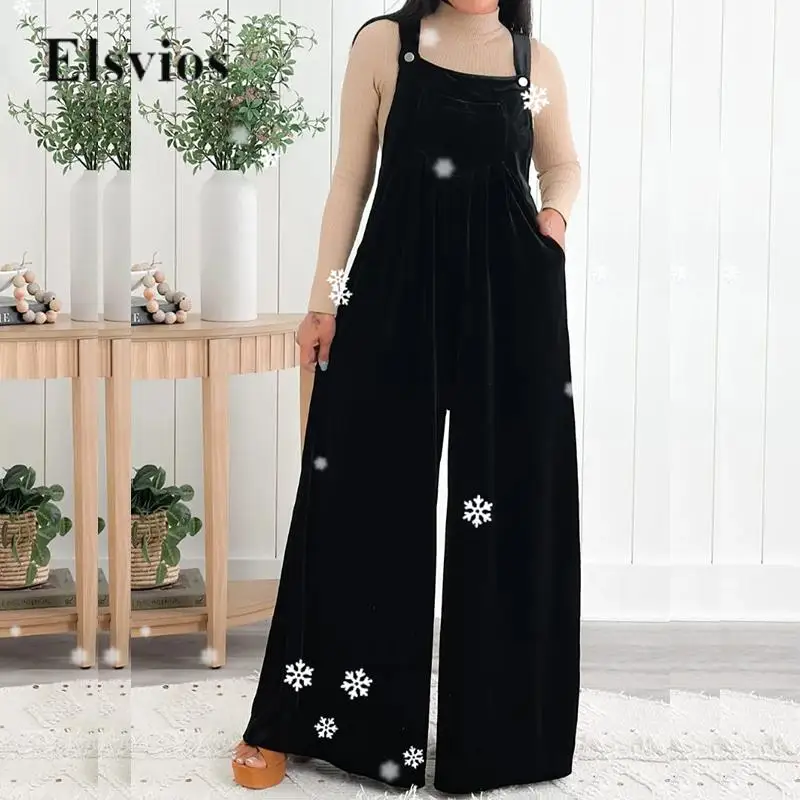 

Spring Autumn Fashion Sleeveless Strappy Overalls Female Retro Loose Wide Leg Playsuit Romper Casual Solid Velvet Women Jumpsuit