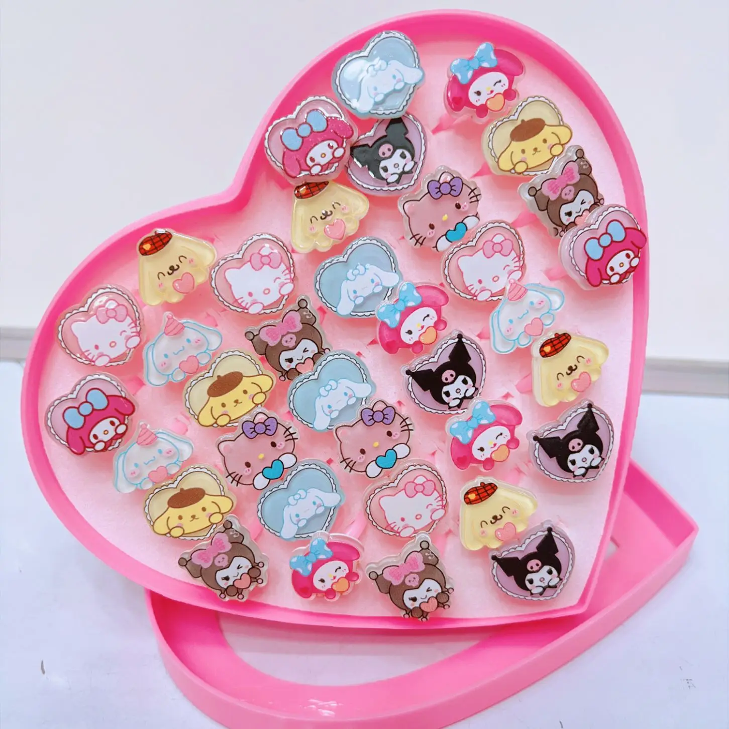 36Pcs Set Sanrio Hello Kitty Kid Ring Kids Adjustable Baby Rings Fashion Cartoon Children Girl Rings Heart Box Christmas Gifts 36pcs lot hot sale kids cute cartoon rings flower animal shape ring set mix finger jewelry creative accessories girl child gifts