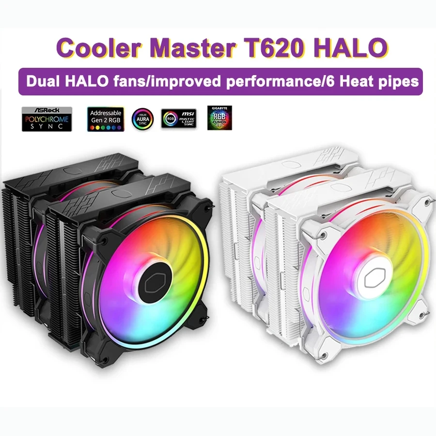 

Кулер для процессора Master T620 HALO с двойной башней, 6 тепловыми трубками, вентиляторы Halo 5 В, 3PIN ARGB, радиатор с воздушным охлаждением для LGA1700 1200 115X AM5