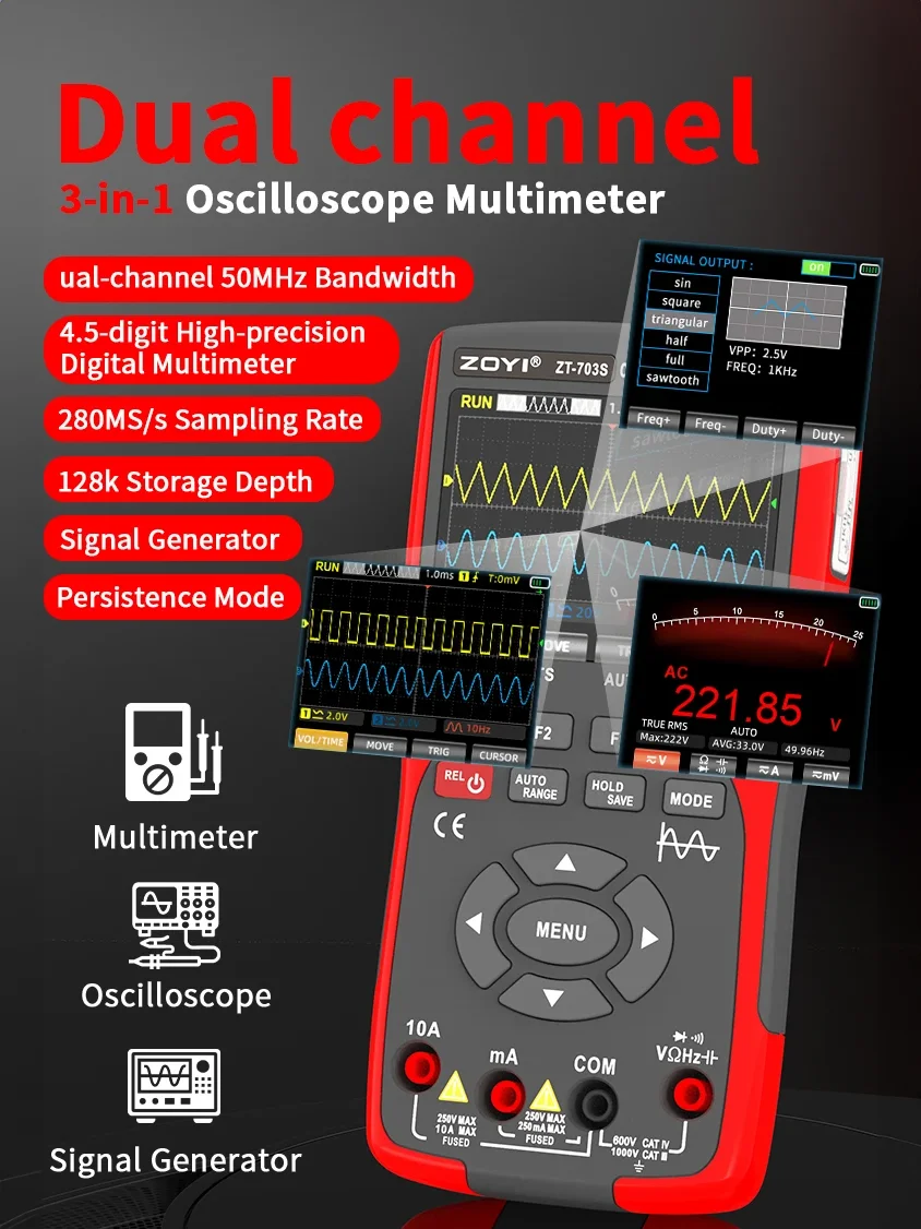 ZT703S Color Screen Handheld Digital Oscilloscope Multimeter Auto Repair Instrument Multi-function Measurement Anti-burn