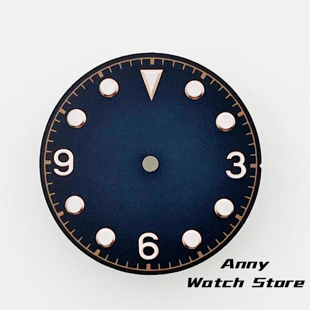 Vintage 29mm Watch Dial with Black, Brown, and Dark Blue Design Featuring Rose Gold Edging and Green Luminous Markers