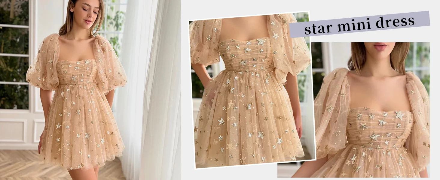 Vestidos de fiesta de tul con estrellas brillantes y minivestidos cortos para el regreso a casa con estrellas brillantes