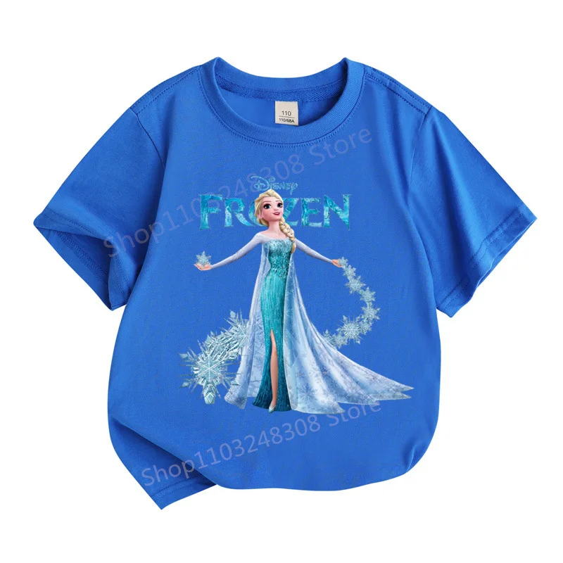 2024 New Design Cartoon Disney Frozen Princess Children 100%Cotton Girl Printed Street Casual Short Sleeve T-Shirt Girls Clothes 5