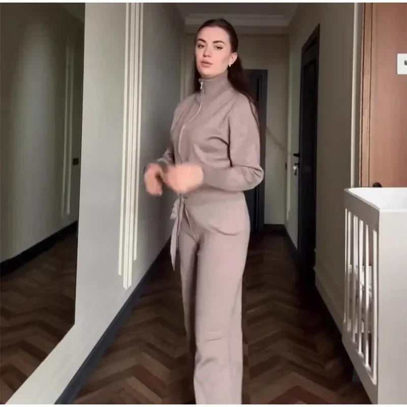 Knitted Pants Sets Women Stand Collar Zipper Cardigan Loose High Waist Pants Suits Autumn Winter New in Matching Outfits