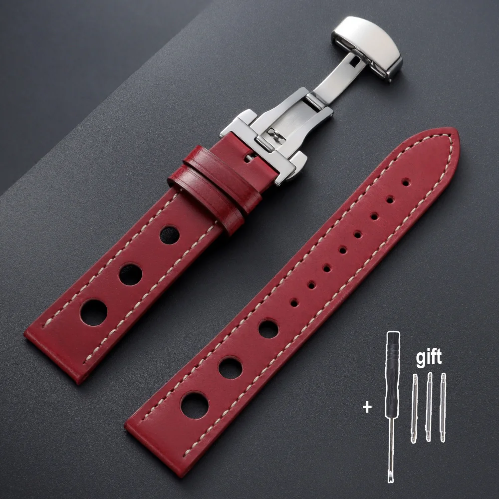 Vintage Brown and Black Oil Wax Cowhide Leather Watch Straps with Butterfly Buckle and Breathable Design