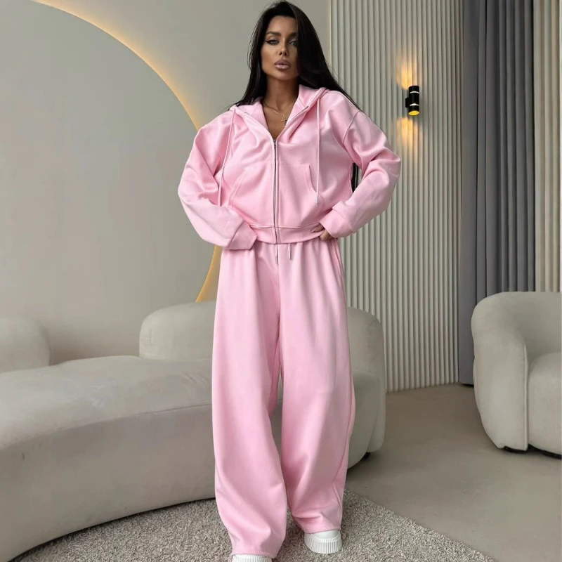 Pant Sets Women Two Piece Hooded Solid Coats Zipper Sweatshirts Long Sleeve Loose Drawstring Wide Leg Pants Casual Sport