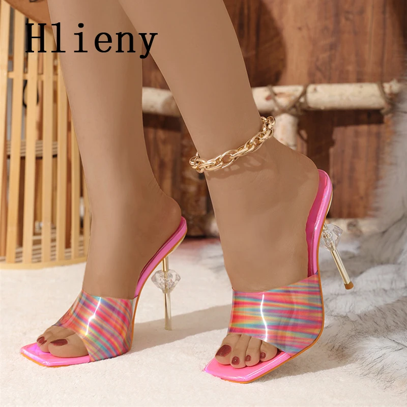 

Женские сандалии с кристаллами и бриллиантами Hlieny, летние модные сандалии-желе из ПВХ на тонком квадратном каблуке, сланцы, вечерние сандалии, мюли