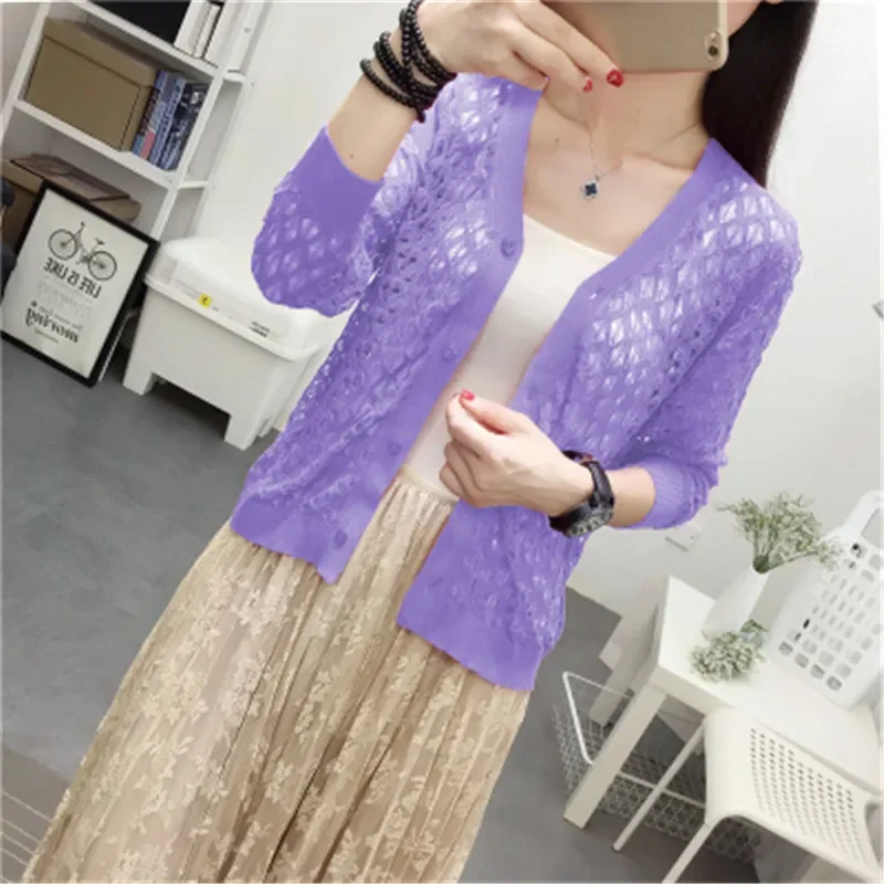 

Summer Fashion Women Lace Sweet candy Color Crochet hollow out Knitwear Blouse Full Sweater Cardigan Open Stitch PZ1596