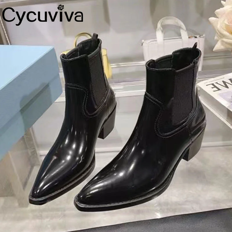 

Black Real Leather Ankle Boots For Women Square Heel Point Toe Motorcycle Boots Casual High Heel Shoes Ladies Short Botas Mujer