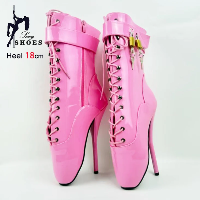 7" /18cm Thin Heel Cosplay Pink Short Boots Lockable Women Shoes Lock Wrap Strap Super High Heel Sexy Ballet Boots Size 36-46