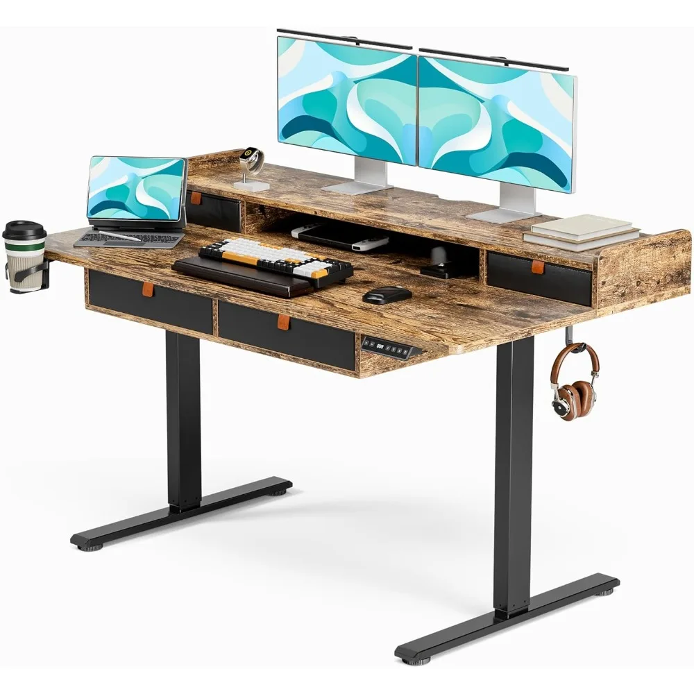 

Office desk, 55x30 inches, with drawers, electrically adjustable height, dual storage rack, sitting upright, office desk
