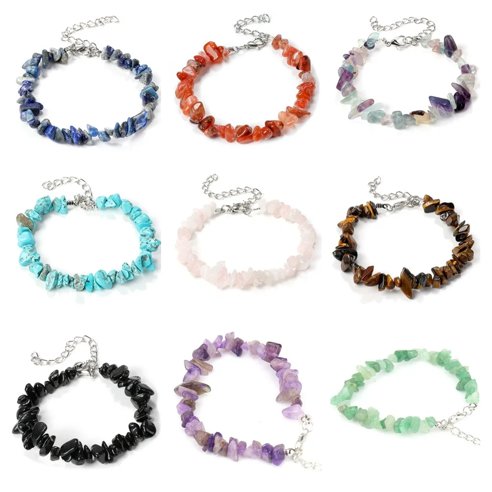 

15pcs Irregular Natural Gem Stone Bracelet Chip Beads Nuggets Fluorite Amethyst Rose Crystal Quartz Bracelets Bangles For Women