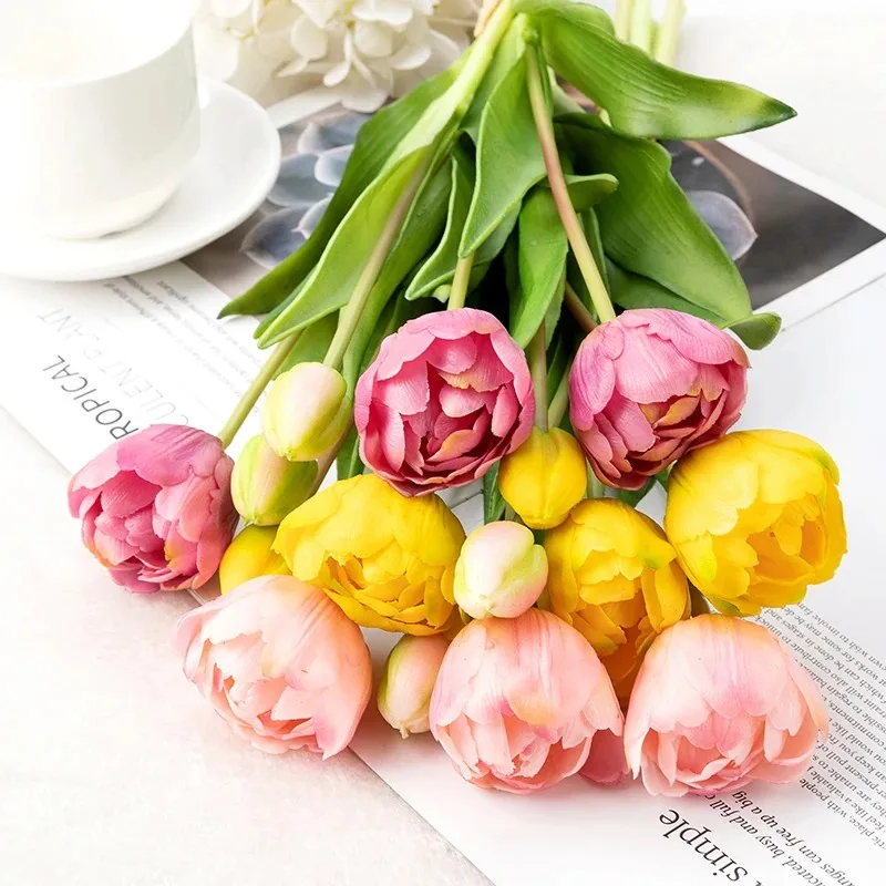 

New Silicone Tulip (3 Flowers+2 Bud)Artificial Flower Real Touch Bouquet 40CM Home Decorative Flowers Living Room Deco Flores