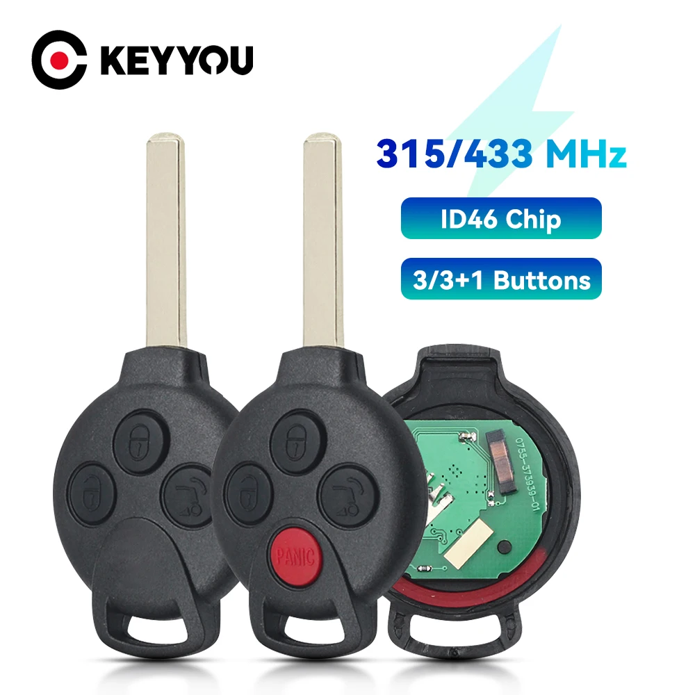 

KEYYOU 3/4 Buttons Remote Car Key for Mercedes-Benz Smart Fortwo 451 2007 2008 2009 2010 2011 2012 2013 315Mhz ID46 PCF7941 Chip