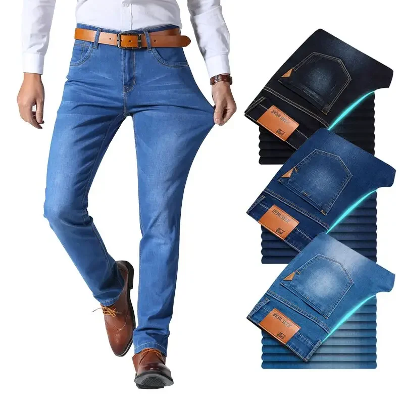 

Brother Wang Classic Style Men Brand Jeans Business Casual Stretch Slim Denim Pants Light Blue Black Trousers Male