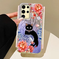 Elegant Black Cat Flower Design Silicone Phone Case - Luxury Protective Back Cover - Samsung A14 5G (Yzghua15)