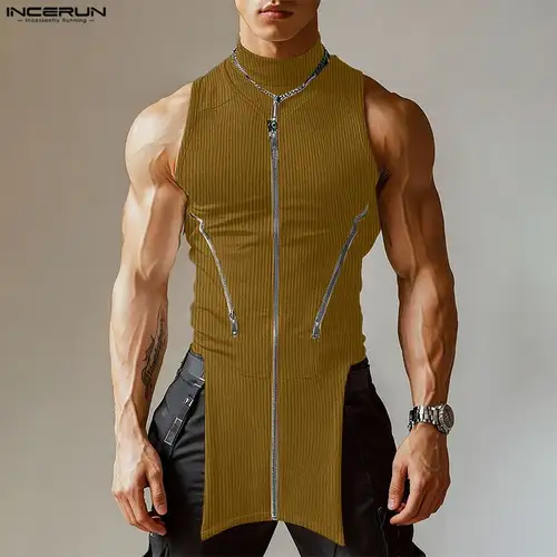 INCERUN Men Irregular Tank Tops Solid Color Knitted Turtleneck Sleeveless Male Vests Streetwear Summer 2026 Zipper Fashion Tops - Image 2