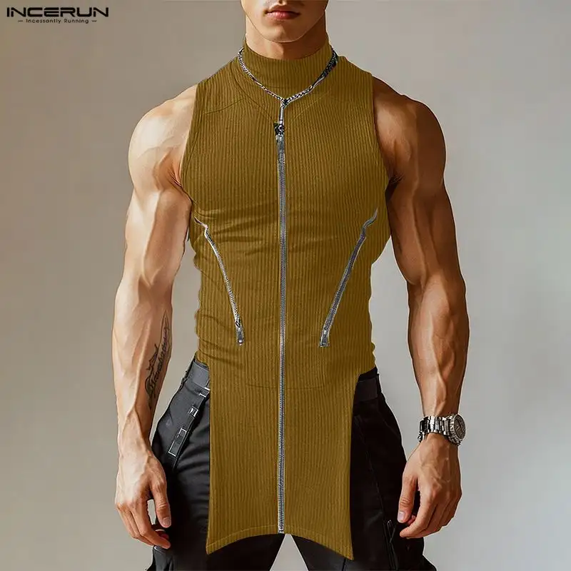 INCERUN Men Irregular Tank Tops Solid Color Knitted Turtleneck Sleeveless Male Vests Streetwear Summer 2026 Zipper Fashion Tops - Image 2